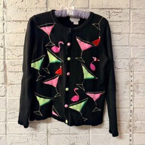 Just B Black Flamingo Martini Embroidered Cardigan Size S Retro Novelty